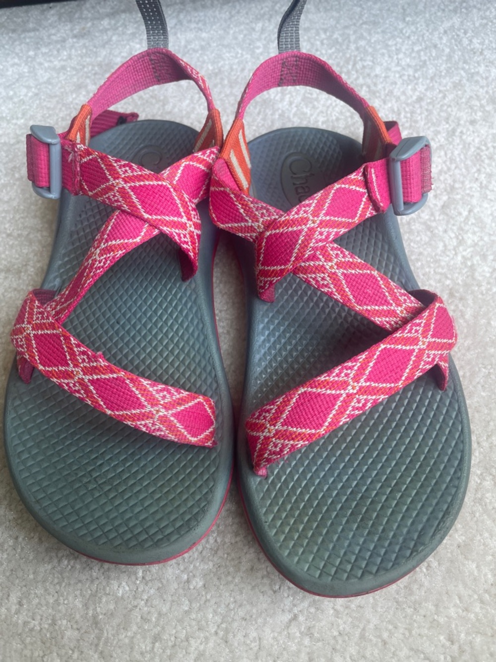 Chaco Kids’ Pink Patterned Webbing Sandals with Gray Footbeds - Picture 4 of 11